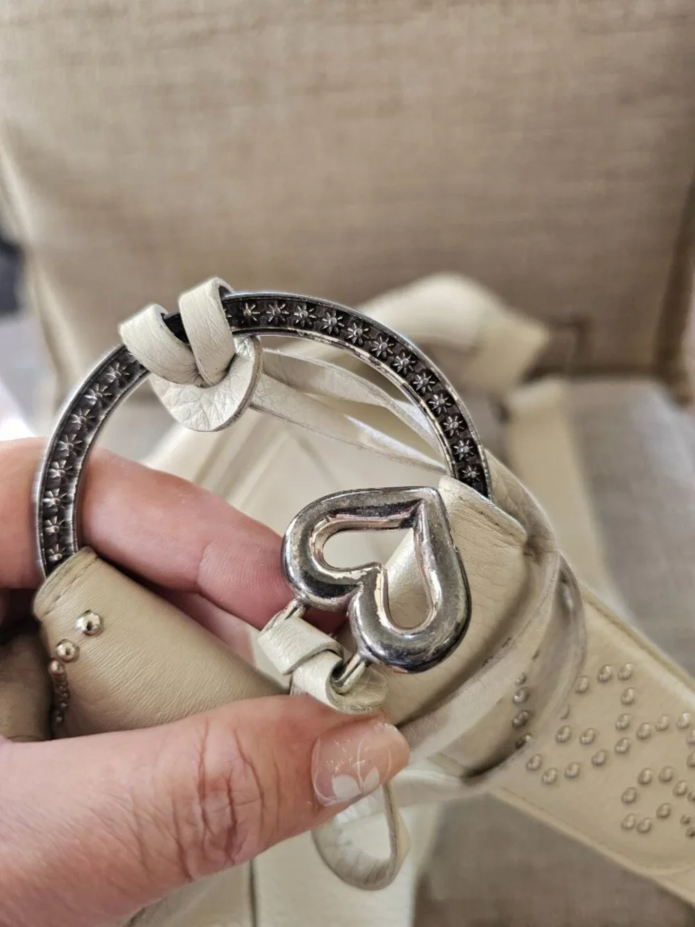 Brighton White Pebbled Leather Studded Hobo Shoulder Bag Heart Charm